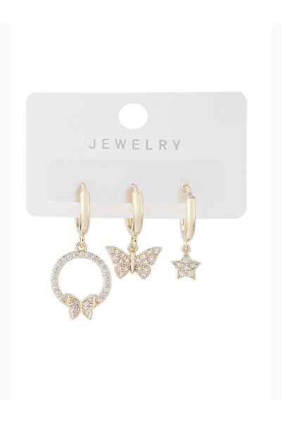 Duo üçlü kelebek çelik küpe