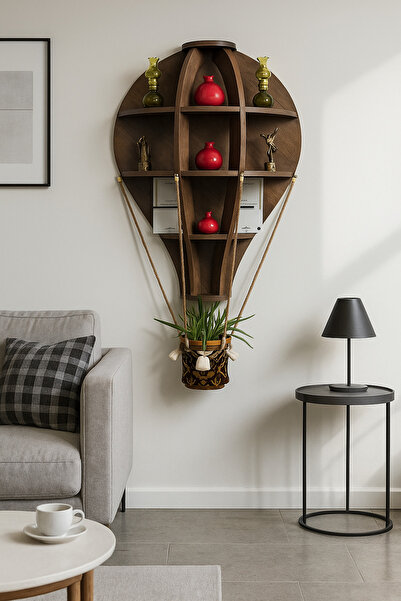 Tok-Co Sıcak Hava Balonu Tasarımlı Ahşap Desenli Dekoratif Duvar Rafı