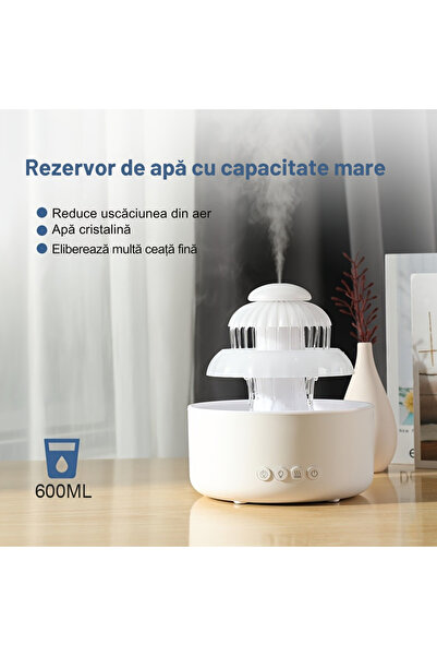 G-Merc Umidificator Aer Ultrasonic Fântână G-Merc®, 600ml, LED 7 Culori, Ultra-Silențios, USB-C, Alb