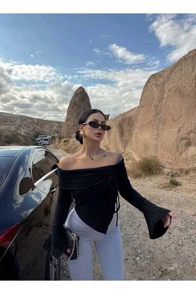 albaroda Bluză neagră groasă material reiat Madonna Guler detaliu încrețit pentru femei