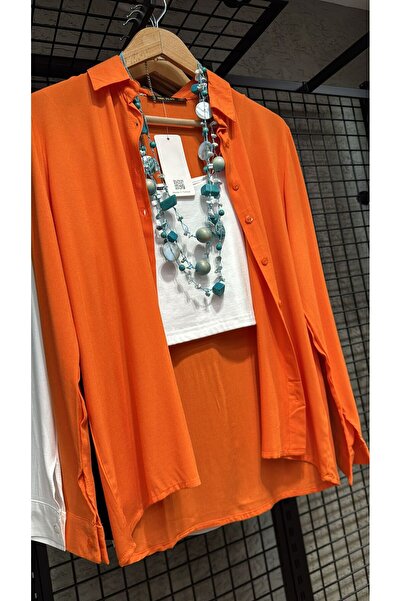 merlavin Γυναικείο πορτοκαλί, υφαντό βισκόζη Basic πουκάμισο