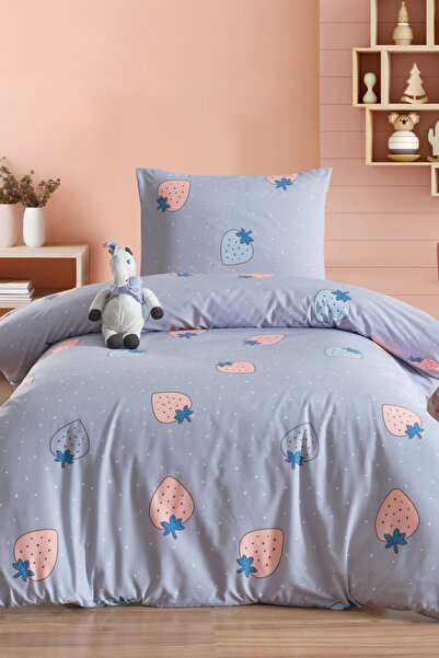 Eponj Home Tek Kişilik Pamuklu Nevresim Takımı 3 Parça – Çilek Desen – Gri / Yumuşak Dokulu