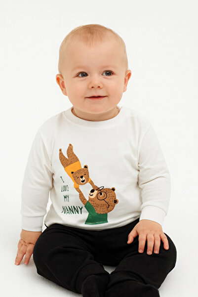 Divonette Girls Boys Thin Seasonal 100% Cotton Long Sleeve Teddy Bear Patterned Unisex Ecru T-Shirt