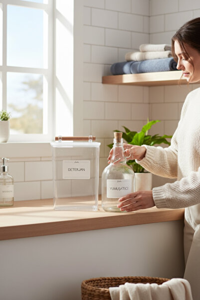 zezedesing Borcan de detergent transparent cu maner din lemn 2000ML-Sticla de balsam 1000ML