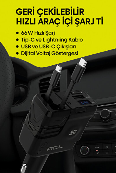 ACL 66W Süper Hızlı Şarjlı Araç Şarj Cihazı | | USB + Type-C + Lightning | Kompakt & Dayanıklı