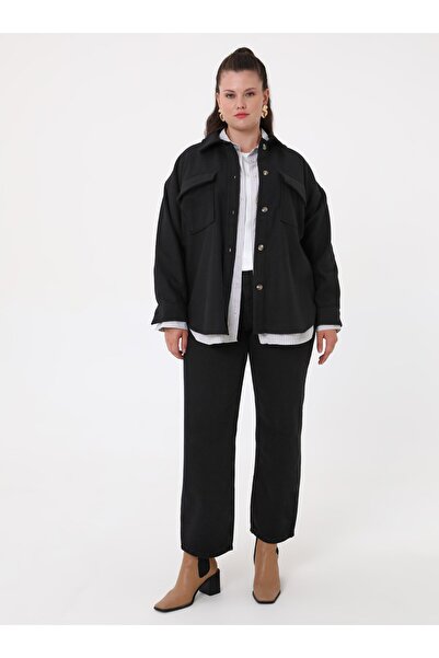 ALİA Büyük Beden Cep Detaylı Oversize Kaşe Ceket - Siyah- Alia
