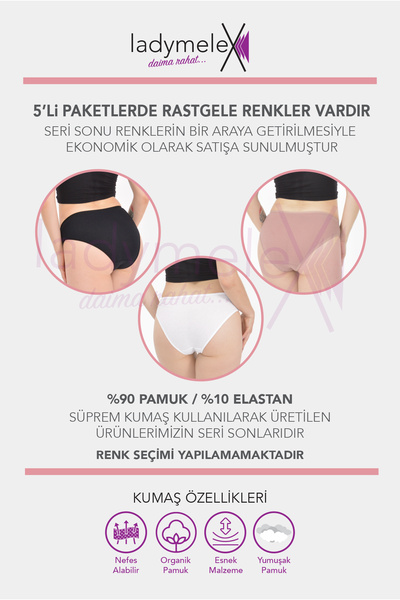 LadyMelex Kadın Külot, 5 Adet Külot, Rastgele Renkler, Pamuklu Slip Külot, Karışık Renkli