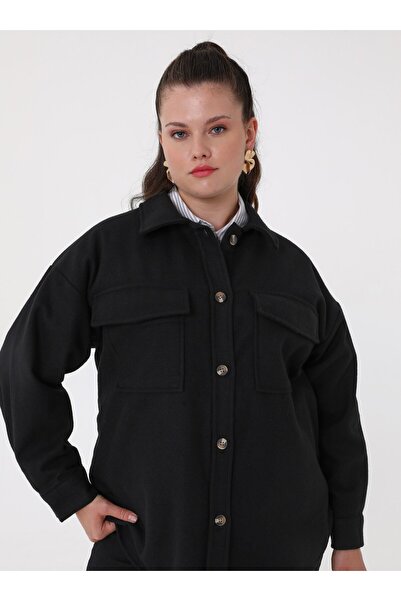ALİA Büyük Beden Cep Detaylı Oversize Kaşe Ceket - Siyah- Alia