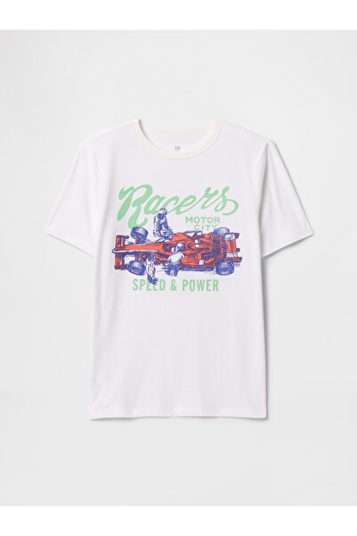 GAP Erkek Çocuk Kırık Beyaz Grafikli T-Shirt