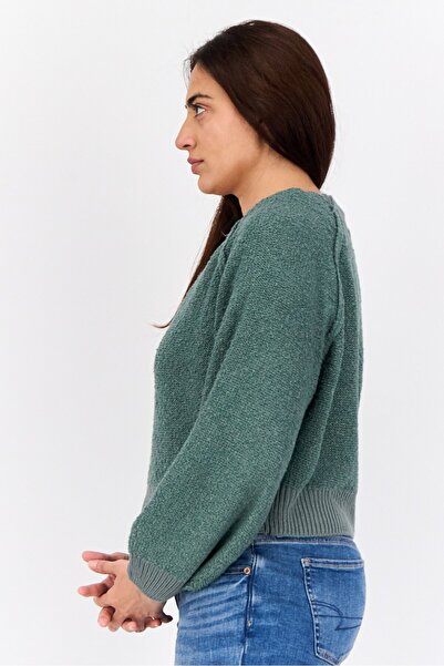 PİNK ROSE Women Crew Neck Textured Sweater, Green