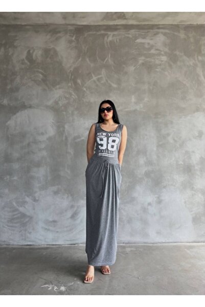 GAMZE ALPTEKİN Imported Compact Single Jersey Fabric Printed Maxi Dress Blouse Skirt Look