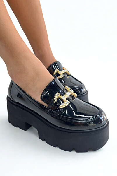 inizio Black Patent Leather Thick Women's Loafer P9062