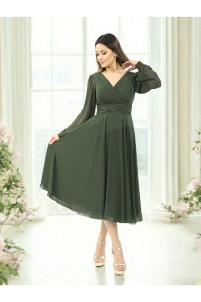 FaBe Fashion Uzun Kollu Kruvaze Yaka Midi Şifon Elbise
