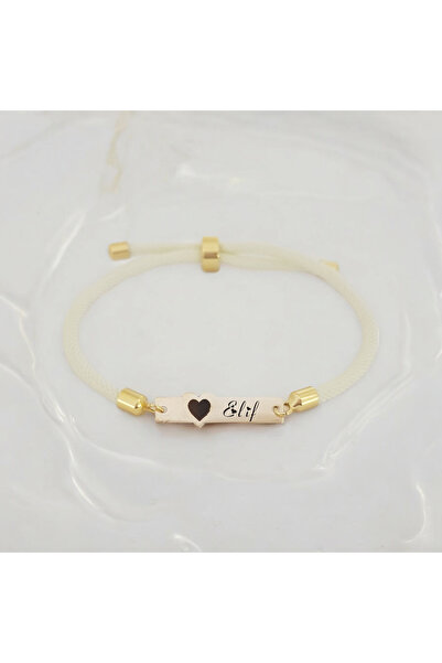 ARCHINO GOLD Altın Plakalı 14 Ayar Elif İsmine Özel Beyaz Örgü İpli Kalp Figü...