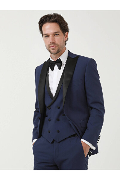 Kip Saks Düz Slim Fit Demonte Yaka Dokuma Y Smokin Takım Elbise