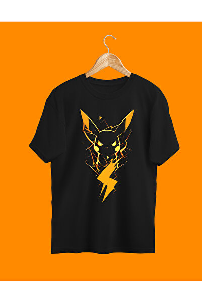 MoonClothing Oversize Kalıp Unisex Erkek/Kadın Kızgın Pikachu Tasarım Siyah T...