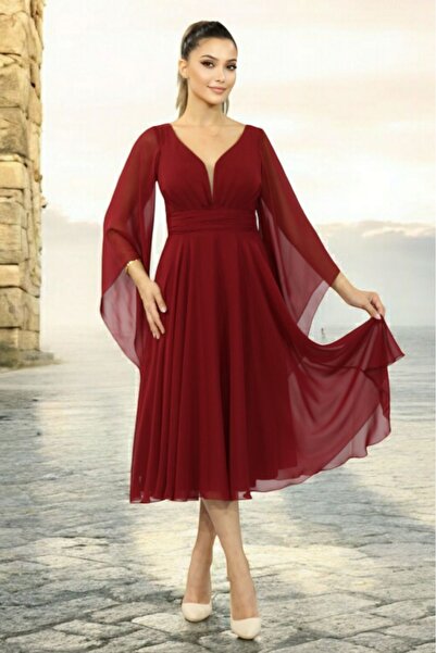 FaBe Fashion Uzun Volan Kollu Kalp Yaka Beli  Büzgülü Midi  Beyaz Şifon Elbise Nikah-nişan-söz-dış Çekim