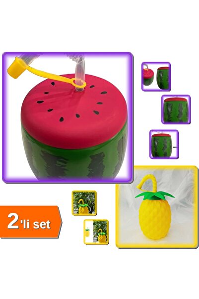 HerEveOyuncak Karpuz Tasarımlı Pipetli Suluk 900 ML + Ananas Pipetli Suluk 75...
