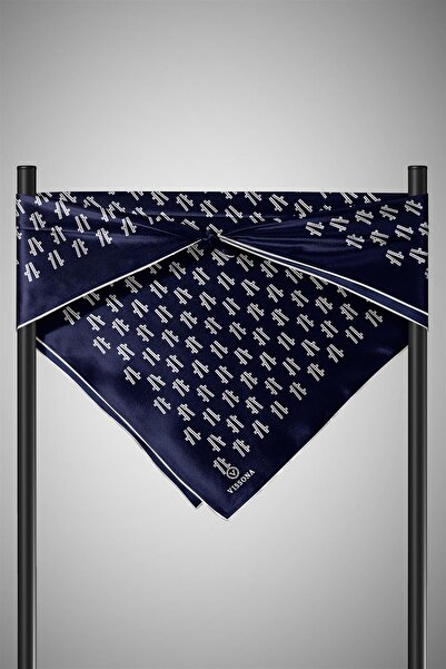 Vissona 57% Silk 43% Viscos Twill Silk Geometric Pattern Navy Blue - Cream Colored 90X90 Scarf Planting Shape :