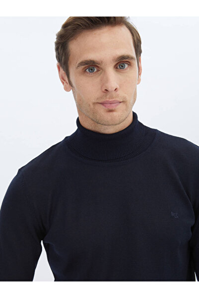 Kip Lacivert Tam Balıkçı Yaka Yün Karışımlı Triko Kazak