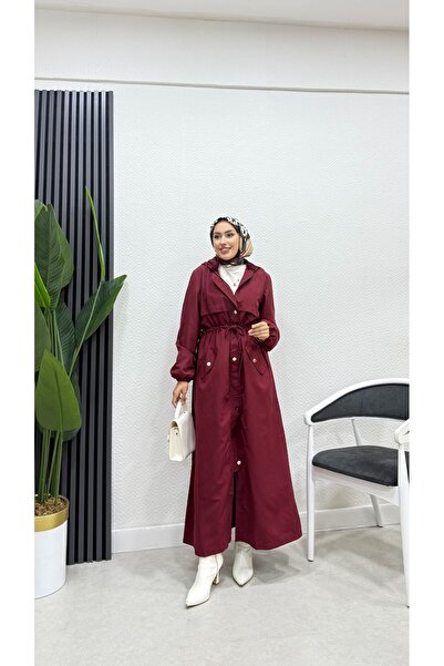 BURCU TESETTÜR Belden Kemer Detayli Uzun Trençkot Brc1908 Bordo