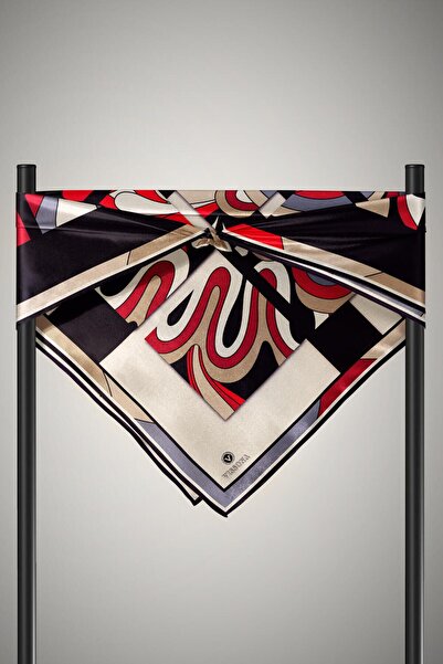 Vissona 57% Silk 43% Viscosa Twill Silk Geometric Patterned Beige - Red Color 90X90 Sewing Shape: Hand Sewing