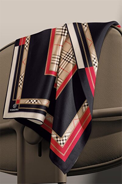 Vissona 57% Silk 43% Viscos Twill Silk Plaid Patterned Red Color 90X90 Scarf Planting Shape : Hand Sewing