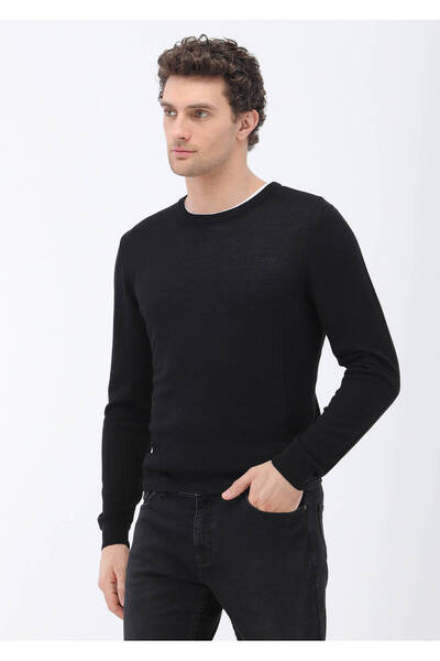 Kip Siyah Bisiklet Yaka Yün Karışımlı Triko Kazak