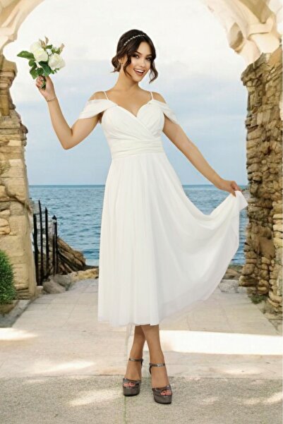 FaBe Fashion İP ASKILI KRUVAZE YAKA DÜŞÜK KOLLU MİDİ LİKRA TÜL NİKAH NİŞAN SÖZ DIŞ ÇEKİM ELBİSESİ