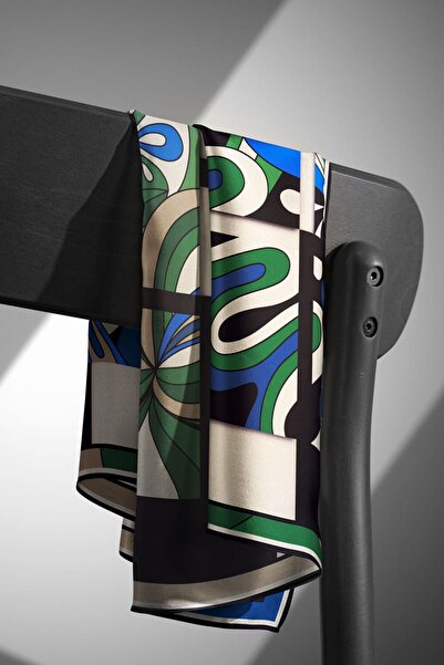 Vissona 57% Silk 43% Viscosa Twill Silk Geometric Patterned Saks - Emerald Green Colored 90X90 Planting Shape : E