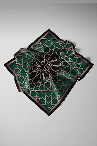Vissona % 57 İPEK % 43 VİSKON Twill Türk Motifi Desenli Zümrüt Yeşili Renkli 90x90 Eşarp Dikim Şekli: El Di
