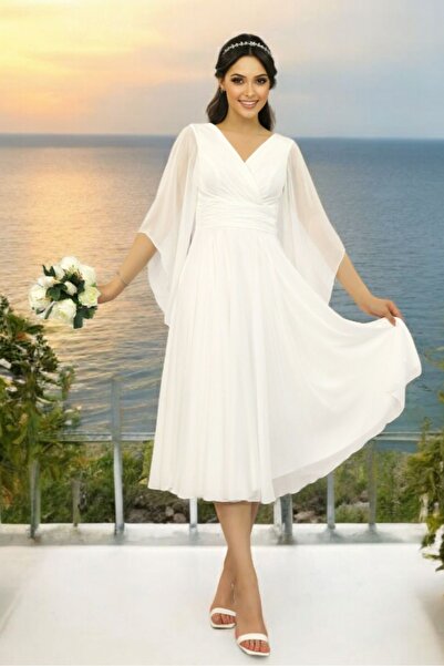 BDR COMPANY Uzun Volan Kollu Kruvaze Yaka Beli Büzgülü Midi Beyaz Şifon Elbise Nikah-nişan-söz-dış Çekim