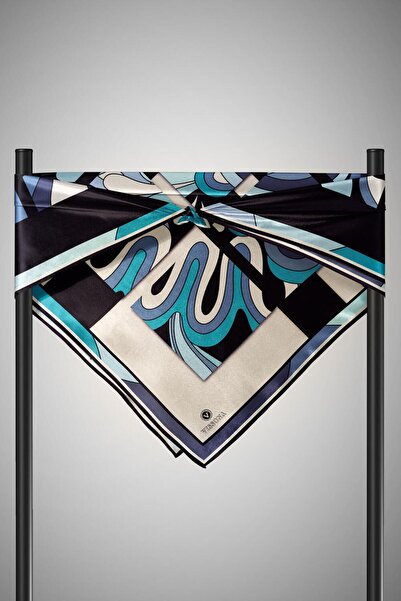 Vissona 57% Silk 43% Viscos Twill Silk Geometric Patterned Baby Blue - Indigo Colored 90X90 Planting Shape : E