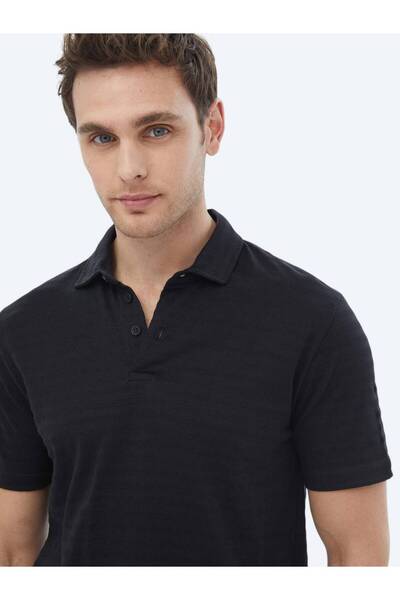 Kip Polo Neck Black Jacquard 100% Cotton T-shirt