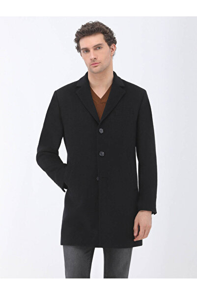Kip Siyah Regular Fit Kelebek Yaka Klasik Dokuma Palto