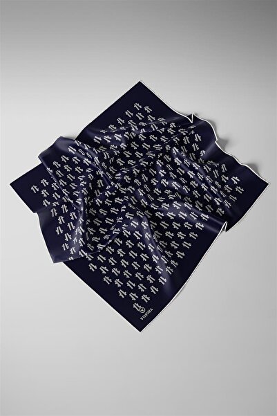 Vissona 57% Silk 43% Viscos Twill Silk Geometric Pattern Navy Blue - Cream Colored 90X90 Scarf Planting Shape :