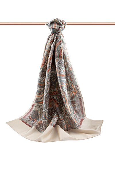 Vissona 100% Silk Ethnic Patterned Milk Brown Colored 92X210 Shawl