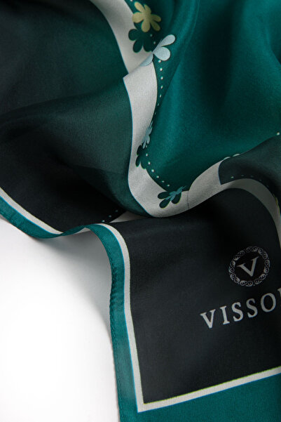 Vissona 100% Silk Flower Patterned Petrol Green Colored 92X210 Shawl