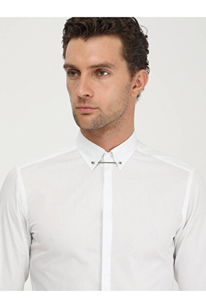 Kip Beyaz Düz Slim Fit Düz Manşet Klasik Yaka Smokin Gömlek