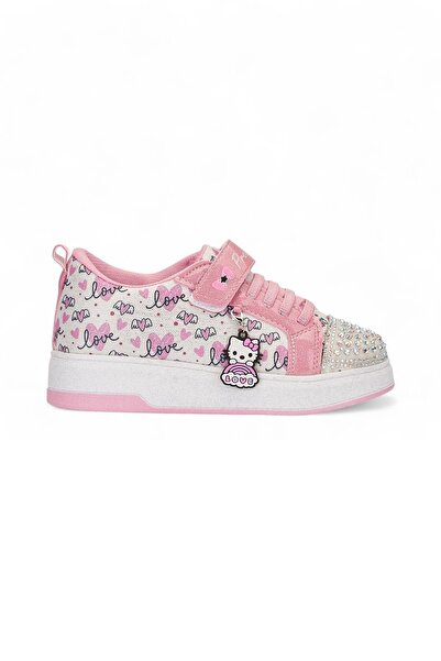 İmerShoes White Pink Girls' Sneakers - Tassel Detailed, Glitter Toe, Lace-Up Velcro Sneakers 4004