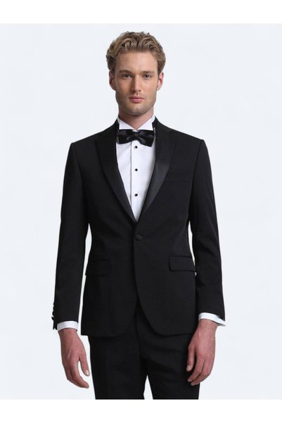 Kip Siyah Slim Fit Kelebek Yaka Dokuma Smokin Takım Elbise