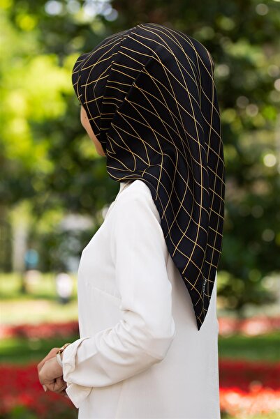 Vissona % 57 İPEK % 43 VİSKON Twill Çizgili Desenli Sarı - Siyah Renkli 90x90...