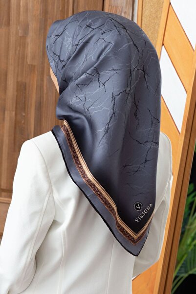 Vissona 57% Silk 43% Viscos Twill Silk Marble Pattern Gray Color 90X90 Scarf Planting Shape : Hand Sewing