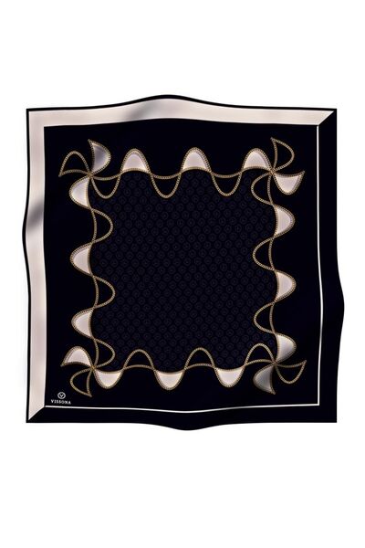 Vissona % 57 İPEK % 43 VİSKON Twill İpek Zincirli Ve Monogram Desenli Siyah - Krem Renkli 90x90 Eşarp Dikim
