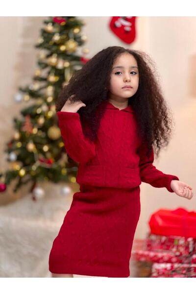 Hilal Akıncı Kids Girl's Hooded White Knitwear Sweatshirt with Pockets Knitwear Skirt Set of 2