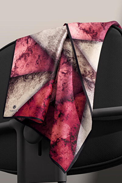 Vissona 57% Silk 43% Viscose Twill Silk Textured and Geometric Patterned Burgundy - Beige Colored 90X90 Scarf Dikim Şe