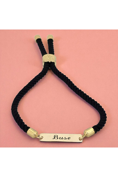 ARCHINO GOLD Altın Plakalı 14 Ayar Buse İsmine Özel Siyah Örgü İpli Dikdörtge...