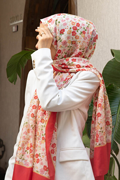 Vissona شال حرير 100% بنمط زهرة مقرمشة باللون الأحمر مقاس 92x210