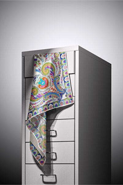 Vissona 100% Twill Silk Ethnic Patterned Cream Colored 90X90 Planting Shape : Hand Sewing Scarf