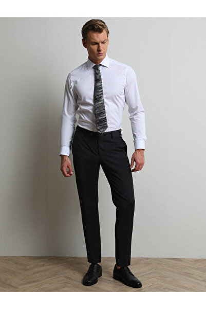 Kip Siyah Düz Dokuma Slim Fit Klasik Yün Karışımlı Pantolon